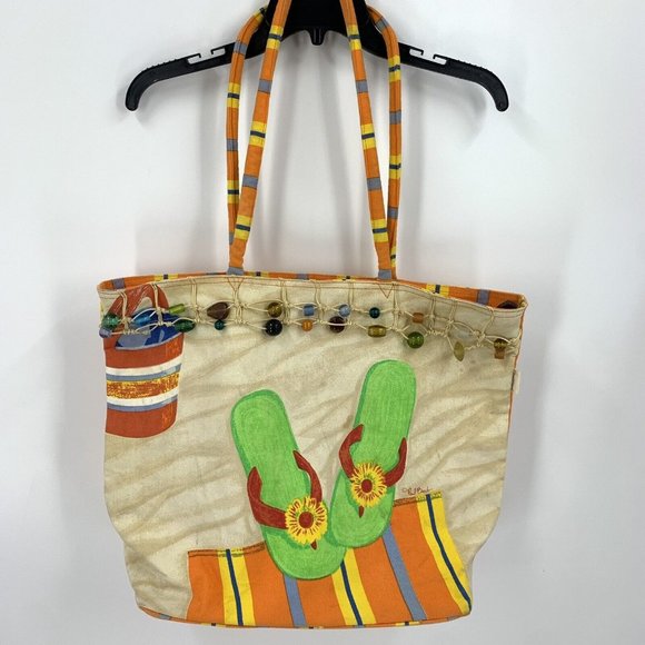 Paul Brent Beach or Pool Tote Bag Flip Flop Print Glass Beads 15" x 7" x 15" - Picture 1 of 8